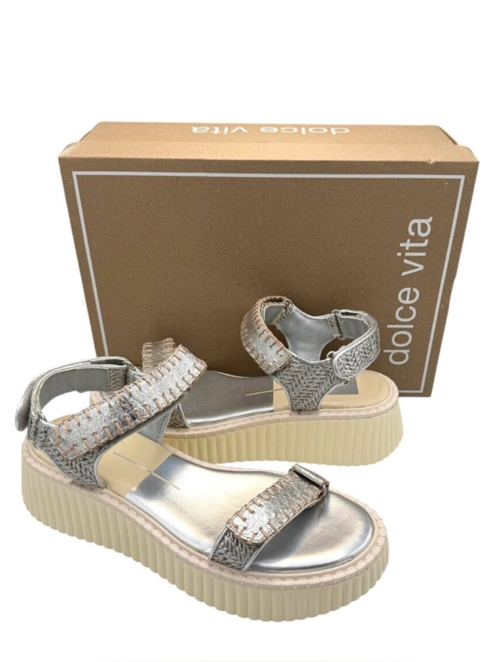 Dolce Vita Silver Metallic Platform Sandals with Woven Straps